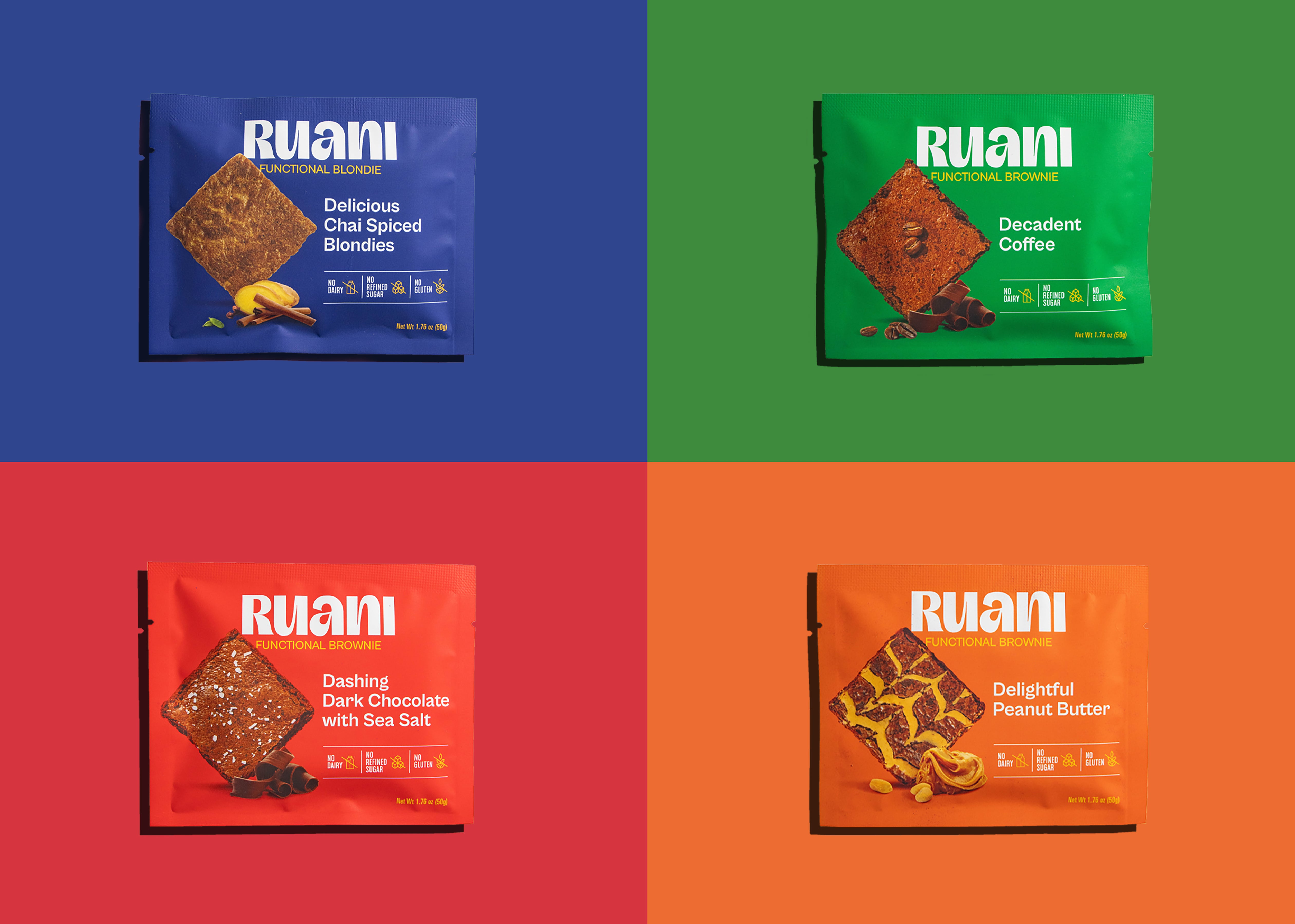 RUANI Trial Pack of 12 — dark chocolate sea salt, peanut butter, coffee brownies and chai spiced blondies arranged together