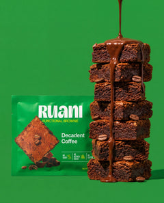 RUANI Decadent Coffee functional brownie stack with chocolate-espresso drizzle and coffee beans beside the product pack